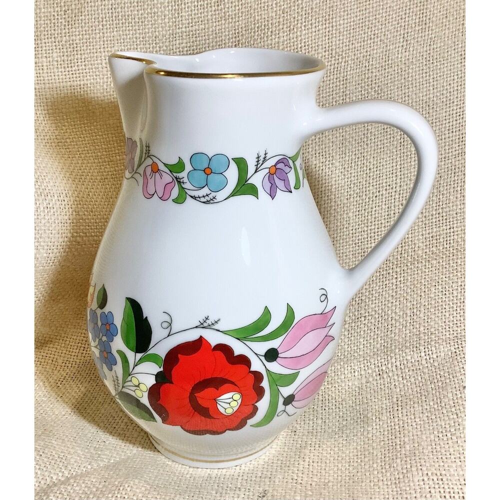 Vintage KALOCSA Hungary hand painted MCM white floral pitcher gold trim 0186